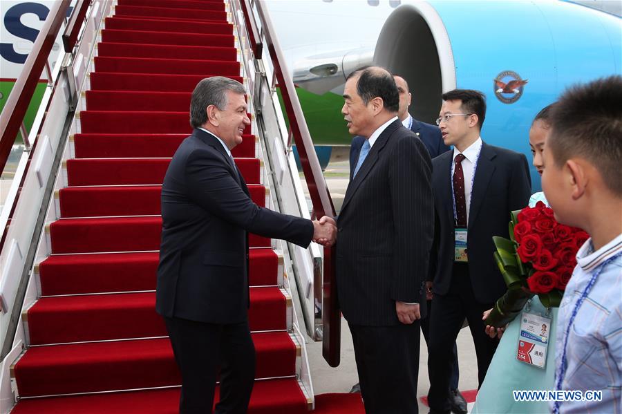 (SCO SUMMIT) CHINA-QINGDAO-SCO-UZBEKISTAN-SHAVKAT MIRZIYOYEV-ARRIVAL (CN)